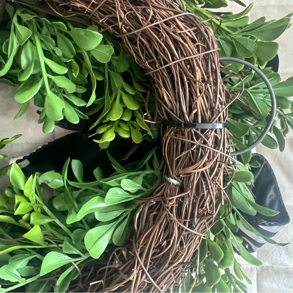 Classic Green Boxwood Wreath with Black & White Stripe Bow